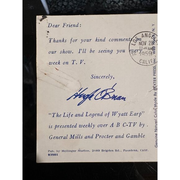 Vintage 1959 Hugh OBrian Fan Postcard Signed Photo With Wyatt Earp Bio Dexter Pr - Picture 12 of 13